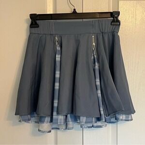 Blue Plaid Pleated Skater Skirt Novelty Zippers Edgy Coquette Indie Y2K Size S
